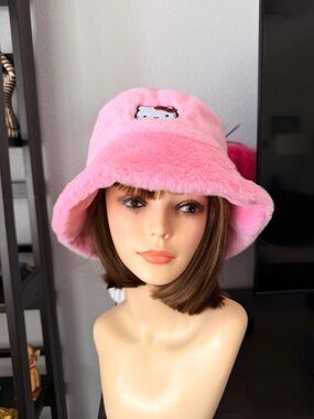 Hello Kitty Plush Pink Bucket Hat with Embroidered Hello Kitty